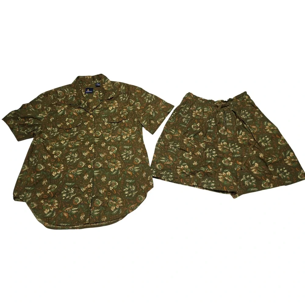 Tropical Floral‎ Cotton Shirt & Shorts Set Lizsport Women's S Olive Green